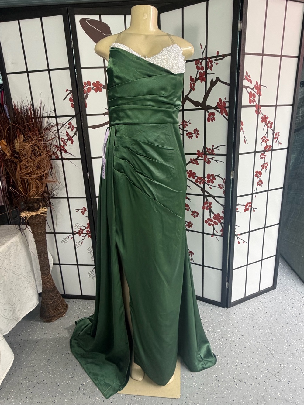 Beaded Emerald Green Satin Prom Gown - Picture 2 of 9
